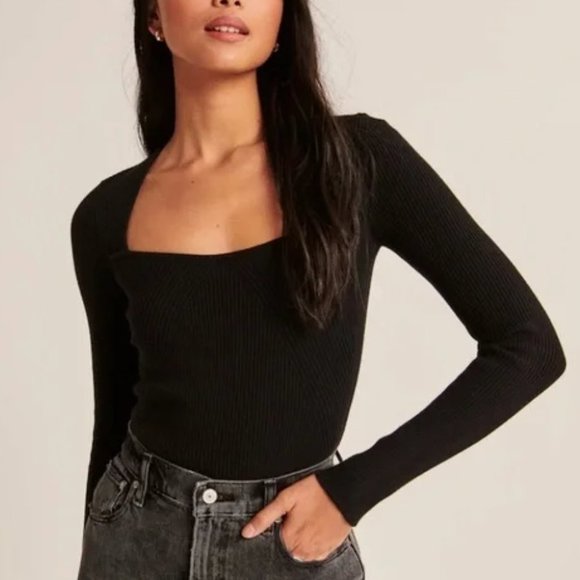 Abercrombie & Fitch BLUE Ribbed Portrait Neck Crop Knit  Long-Sleeve Top Sz XL - Picture 2 of 8